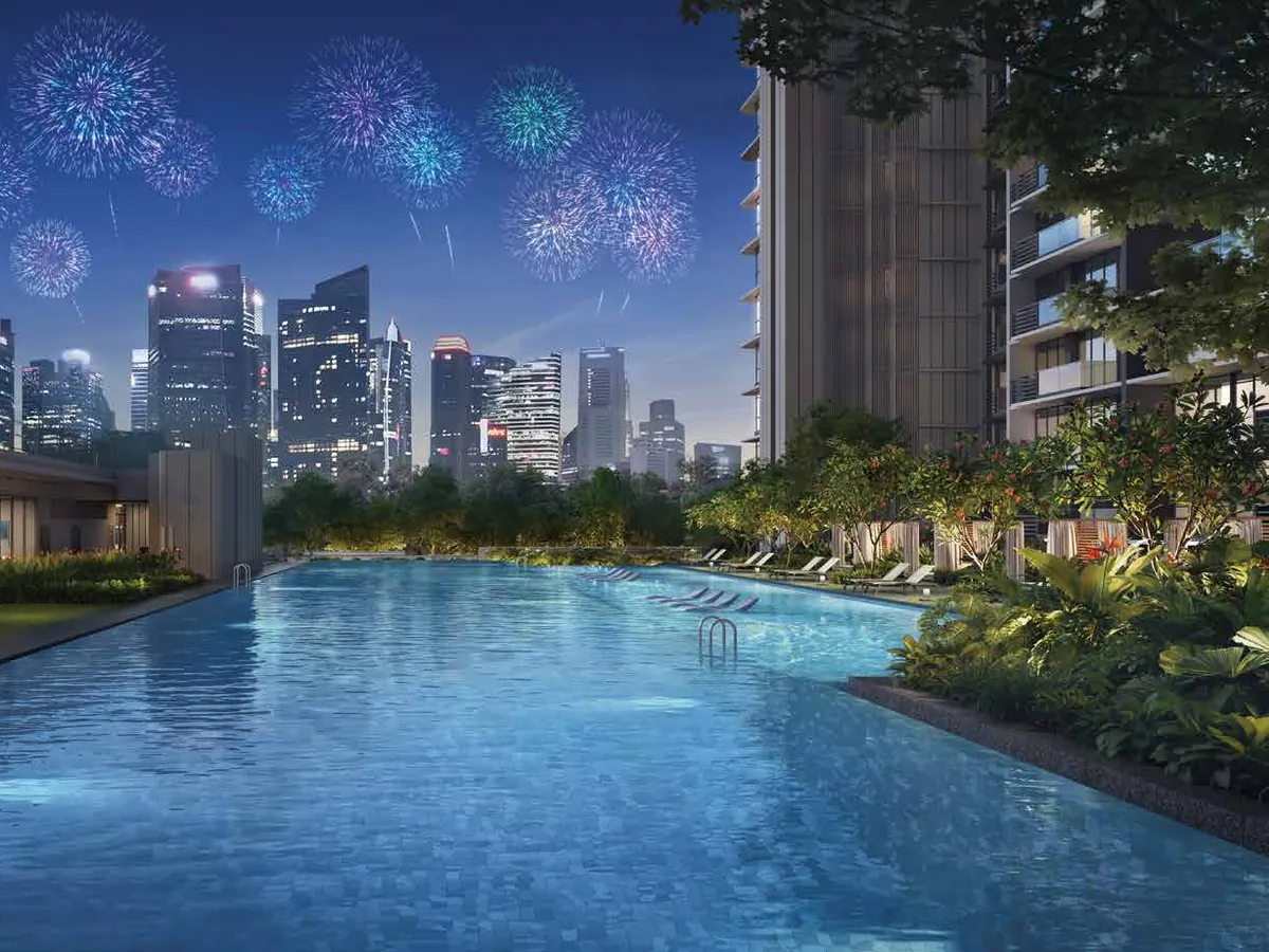 One Marina Gardens 50m pool at dusk, artist's impression